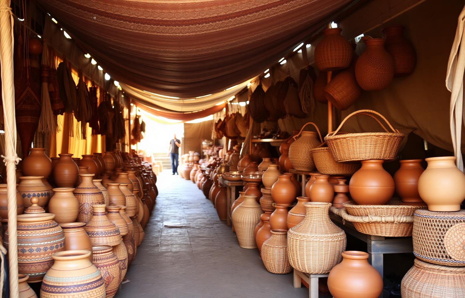 Étals de poteries artisanales sur un marché